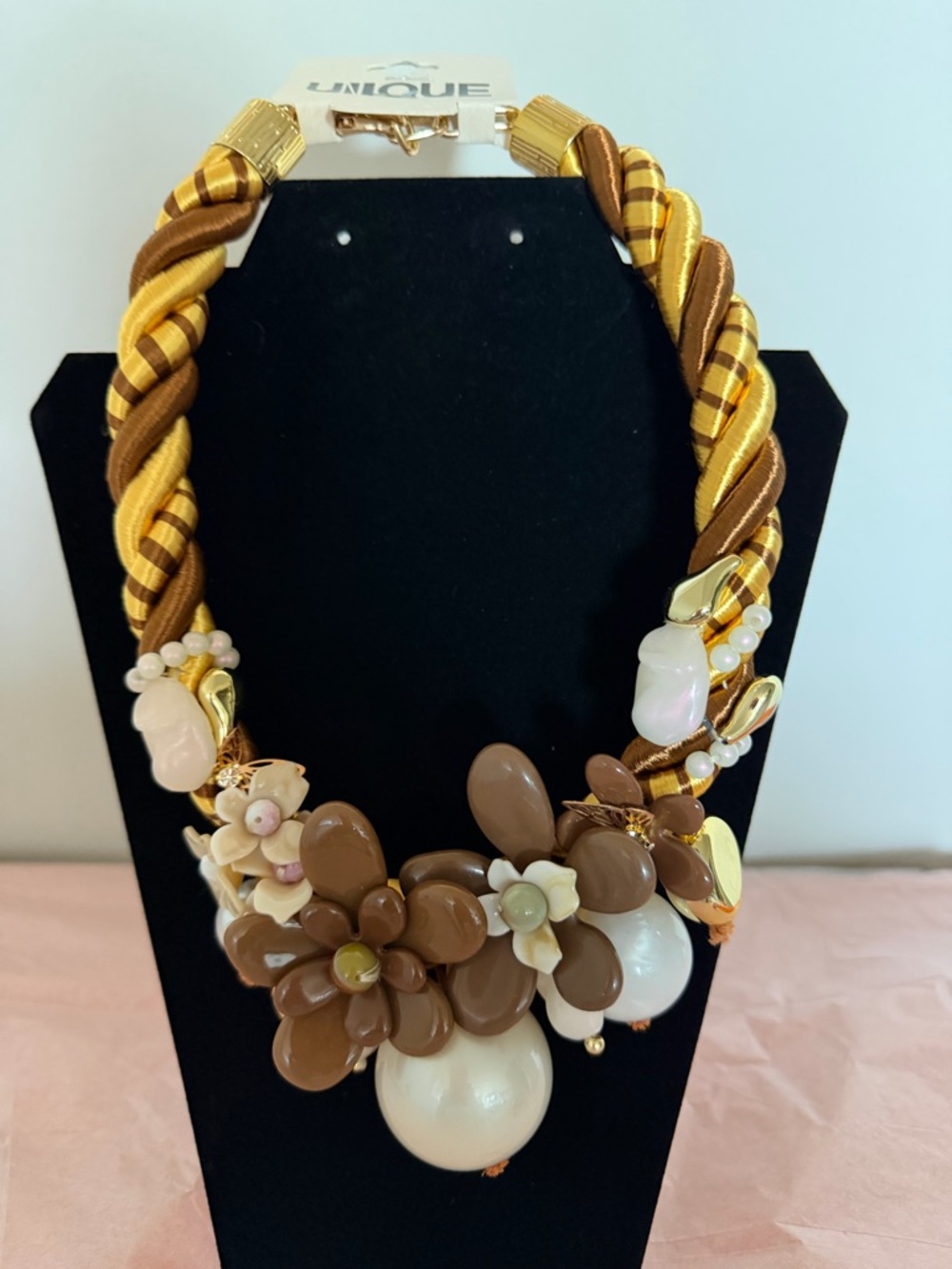 Nique Brown, Gold & Cream Floral Statement Necklace